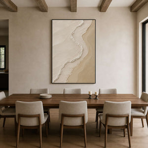 Ivory and sand textured artwork above a walnut dining table.