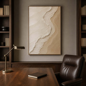 Neutral relief artwork above a deep walnut private office desk.