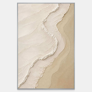 Hand-painted vertical artwork with flowing ivory ridges over warm sand and cream.