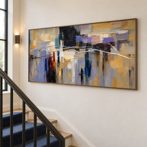 Hand-painted textured abstract wall art in golden ochre, smoky violet, slate blue, and charcoal, displayed beside a staircase in a brown wood frame.