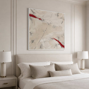 Red Cuts Through Stillness in a calm white-framed bedroom