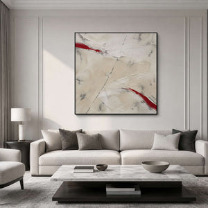 Red Cuts Through Stillness in a black-framed modern living room