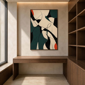Red Notes Move Through Deep Green in a wood-framed office