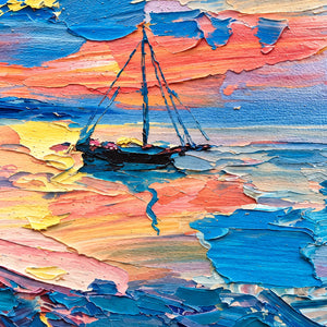 Detail of the dark boat and mast amid layered pink, yellow, and blue reflections.