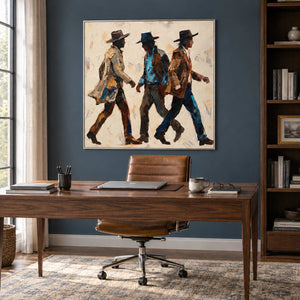 Rhythm of Footsteps in a silver frame above a wood desk and tan office chair against a blue wall.