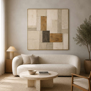 Neutral Wabi-Sabi wall art displayed in a warm minimalist living room.