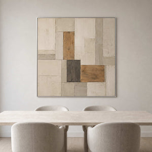 Neutral textured wall art displayed in a light gray modern dining room.