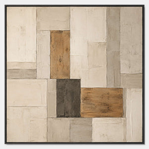 Textured ivory stone caramel and charcoal blocks in a quiet square composition.