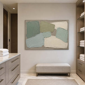 Sage textured abstract wall art displayed in a serene modern bathroom.