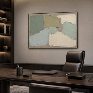 Horizontal textured abstract wall art displayed in a dark modern office.