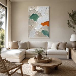 Textured sage and ivory abstract wall art in a calm living room.