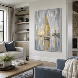 Textured sailboat artwork viewed from the side in a cool living room.