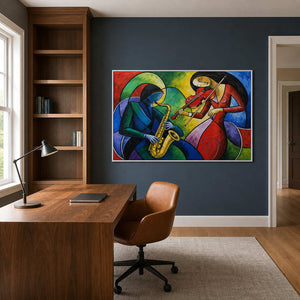 Vivid modern music wall art displayed in a clean creative home office.