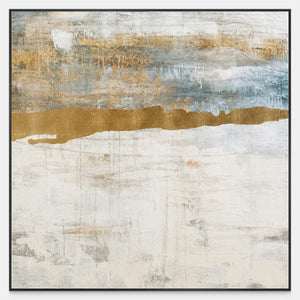 Square abstract painting with blue gray haze and gold band above generous pale space.