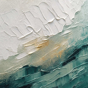 Close-up of raised hand-painted texture in blue, white, and earth tones.