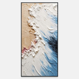 Narrow vertical abstract wall art with raised white foam-like ridges between beige and deep blue.