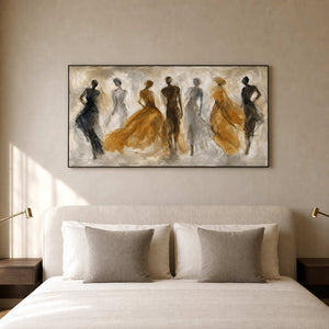 Warm neutral figurative wall art displayed above a modern bedroom bed.