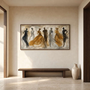 Ochre and charcoal figurative wall art displayed in a minimalist gallery hallway.