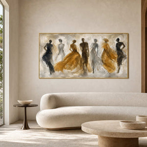 Panoramic textured figurative wall art displayed in an airy neutral living room.