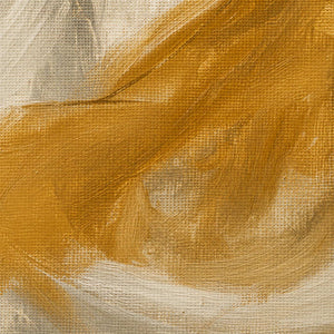 Close up of ochre, ivory, and gray brushwork on textured canvas.