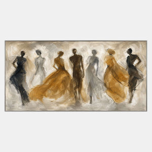Hand-painted panoramic figurative wall art in ochre, charcoal, gray, and ivory.