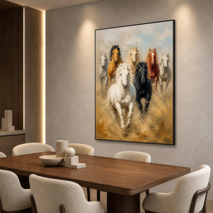 Textured horse herd painting displayed in a refined dining room.