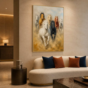 Textured equestrian canvas in a refined hotel lounge setting.