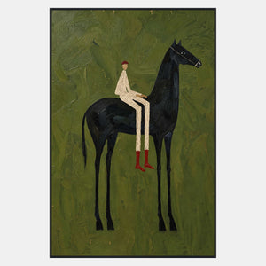 Tall black horse facing right with a cream-striped rider and two red boots on a textured green background.