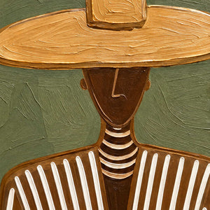 Close-up of Shared Understanding showing an ochre hat, a brown face and raised cream stripes against textured olive paint.