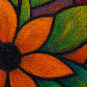 Close-up of hand-painted orange petals, green leaves, and bold black contours.