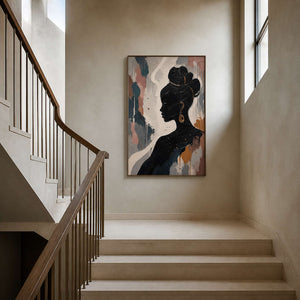 Vertical figurative artwork viewed from a warm stone stair landing.