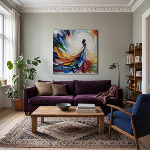 Textured figurative wall art displayed above a colorful modern living room.