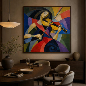 Colorful violinist wall art displayed in a private dining room.