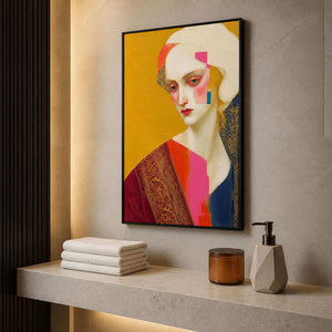 Bold graphic portrait painting in a refined dry bathroom area.