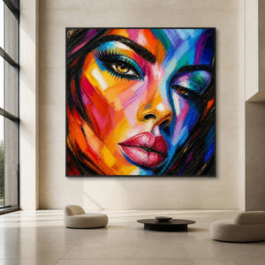 Large colorful portrait artwork in a high-ceiling commercial art hall.