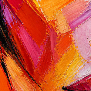 Close-up of layered coral, orange, pink, and black brush texture.