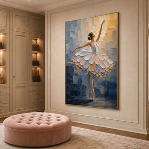 Textured ballet artwork in a refined dressing room lounge