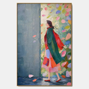 Hand-painted modern figurative wall art with multicolor, blue, and pink & blush tones.