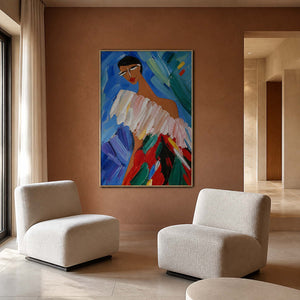 Colorful modern portrait displayed in a terracotta family room.