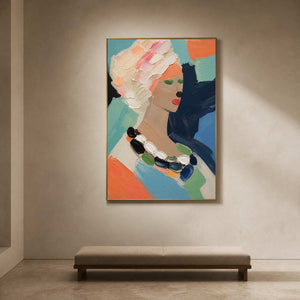 Textured pop portrait displayed above a minimalist gallery bench.