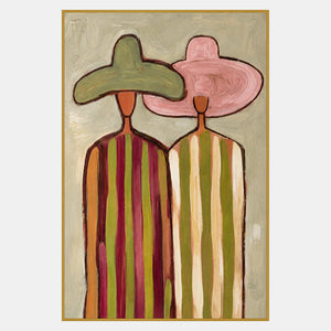 Two elongated figures in striped clothing stand side by side beneath overlapping green and pink broad-brimmed hats.