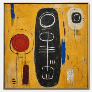 Hand-painted modern abstract wall art with warm tones, black, and blue tones.