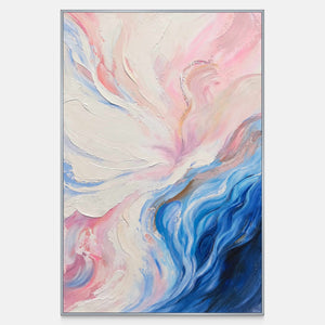Front view of cream and pink folds flowing into deep blue curves at the lower right, with a silver-colored frame.