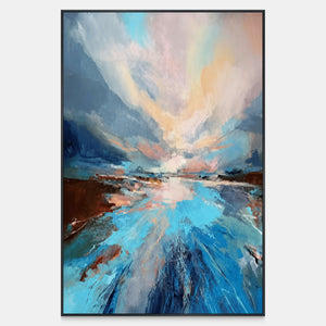 Vertical landscape with blue water, dark banks, and a luminous peach and cream sky.