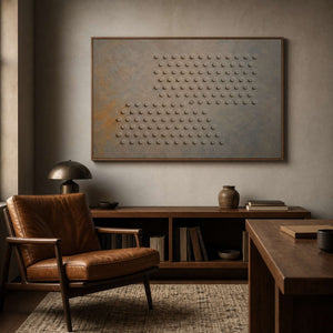 Geometric relief artwork displayed in a warm walnut home office.