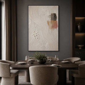Neutral textured artwork displayed in a charcoal walnut dining room.