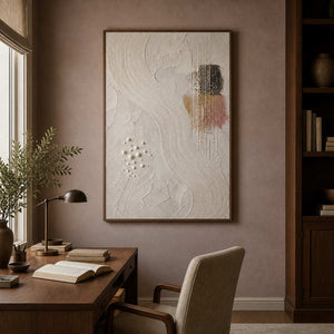 Wabi-sabi abstract artwork displayed in a rose-brown walnut office.