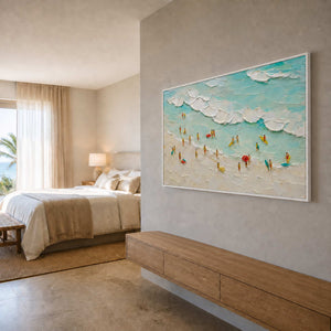 Sea-glass beach wall art brightens a seaside boutique bedroom.