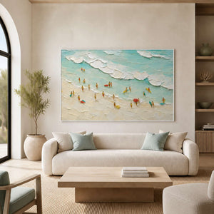 Sea-glass beach wall art displayed in a bright seaview villa living room.