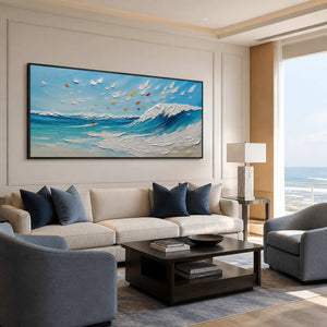 Textured coastal wave wall art displayed in an upscale seaside club lounge.